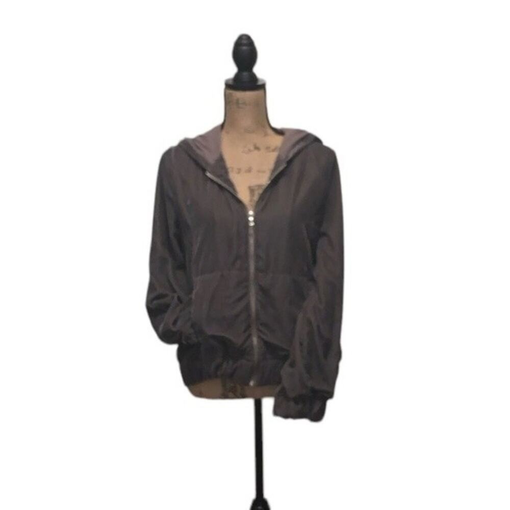 Saks Fifth Avenue Jacket Women Large Gray Velvet Zip Up Hooded Casual Lounge Y2K